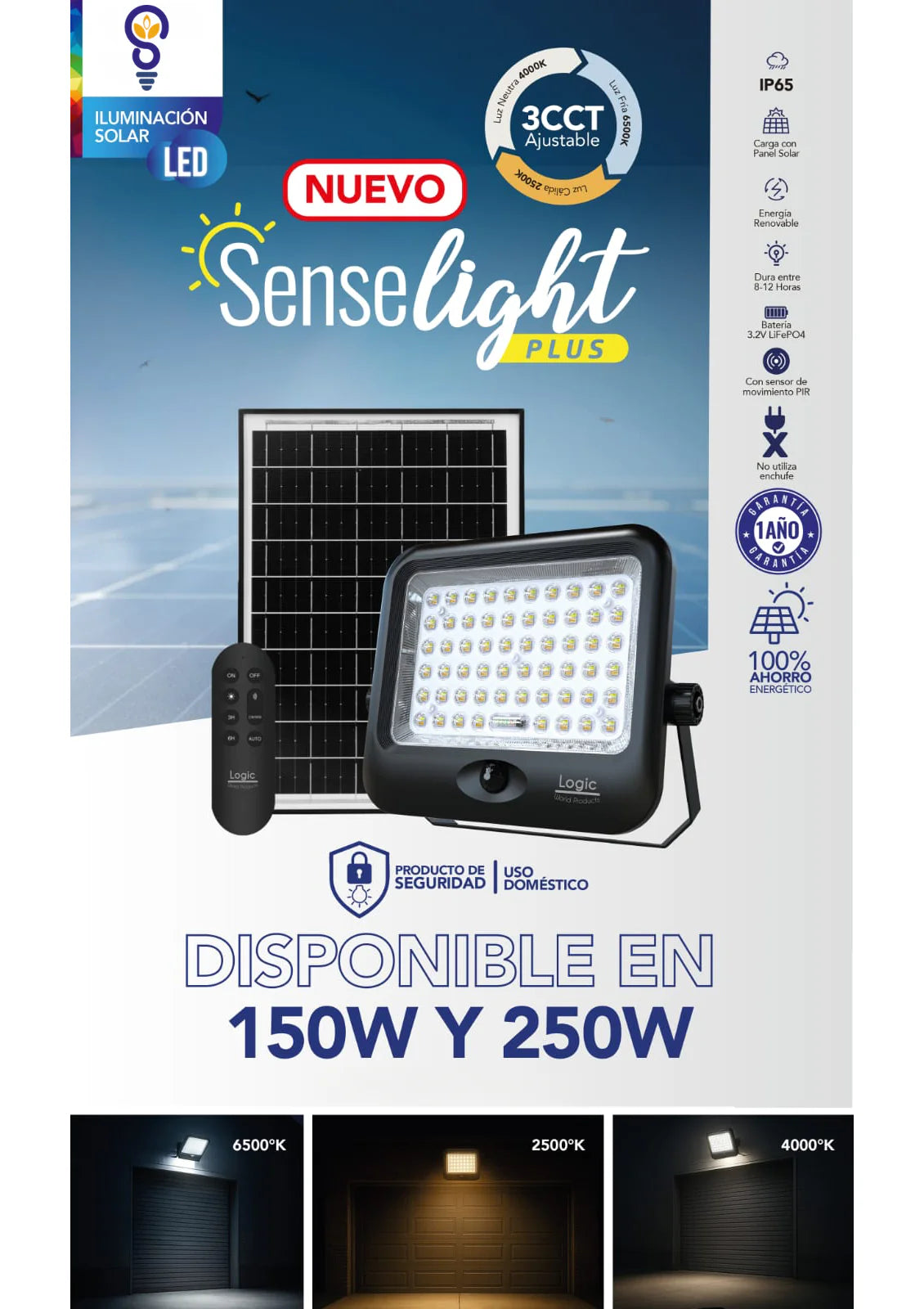 Proyector LED Solar Sense Light Plus Logic 3CCT 150W / 250W con Sensor de Movimiento
