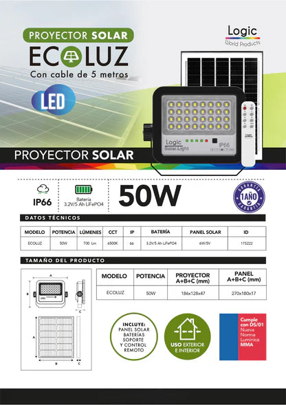 Proyector LED Solar Ecoluz 50W 6500K Luz Blanca Fría