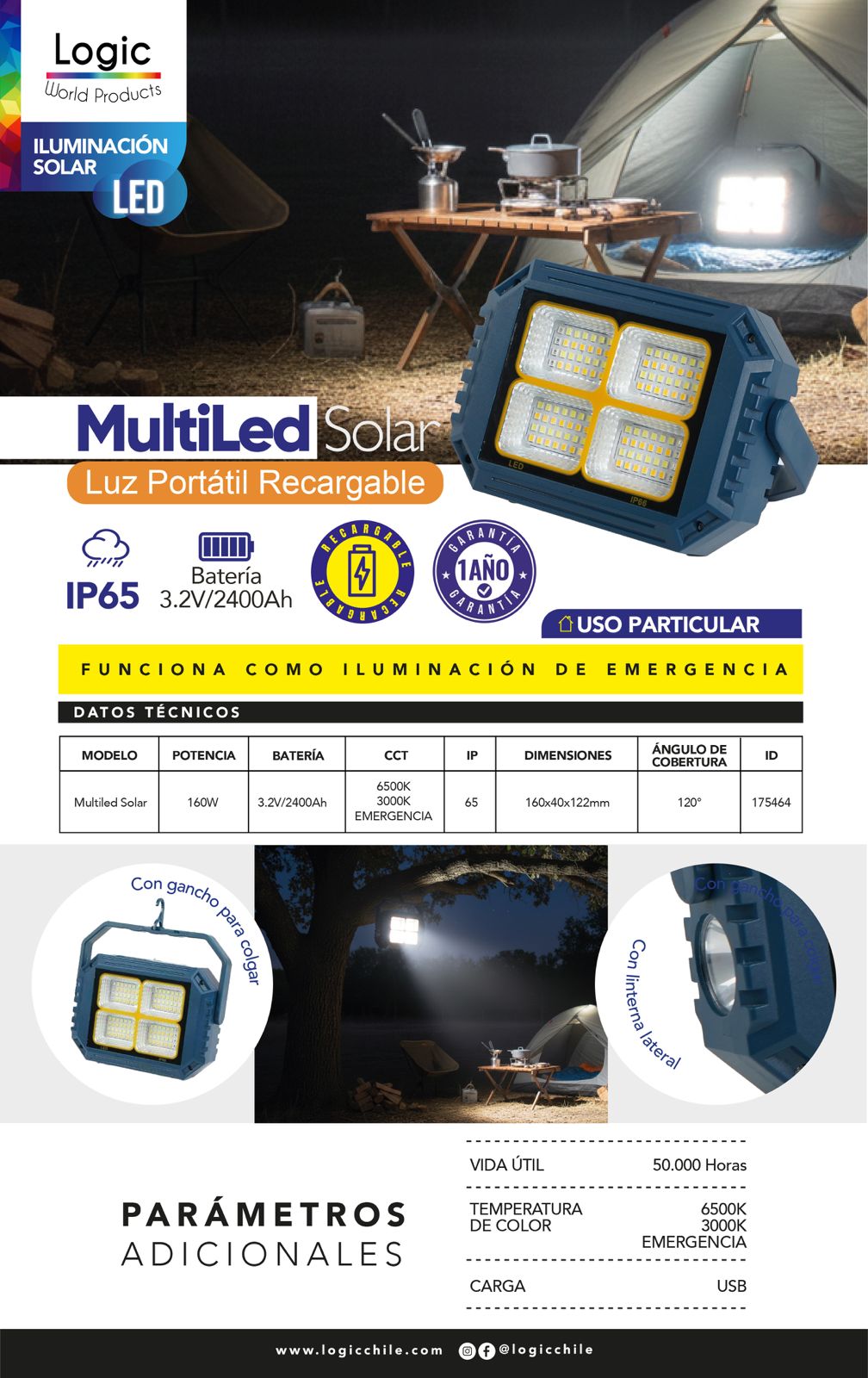 Proyector Solar Portátil MultiLed Logic 160W Recargable IP65