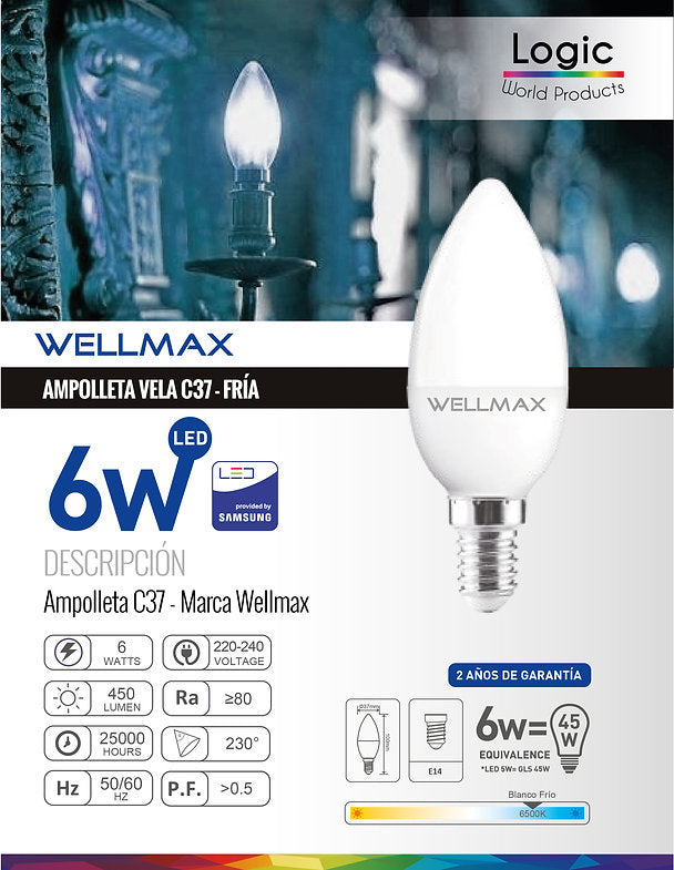 Ampolleta Vela WELLMAX 6W E-14 6500k