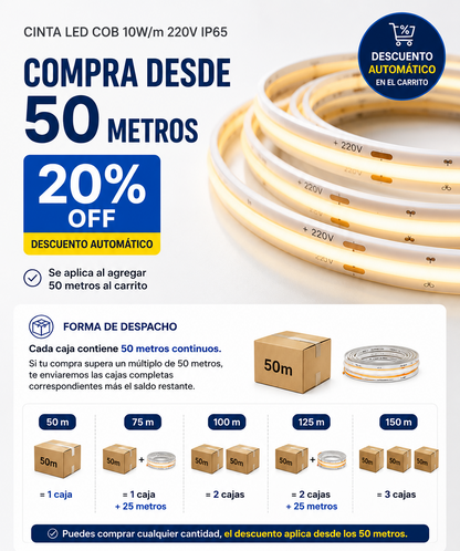 Cinta LED COB 10W/M 8mm IP65 Luz Fría 220V (Venta por Metro)