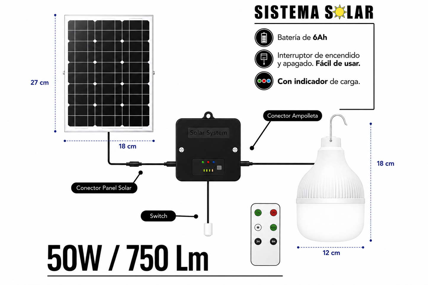 Sistema Solar FREELUZ ampolleta 50W 6500K