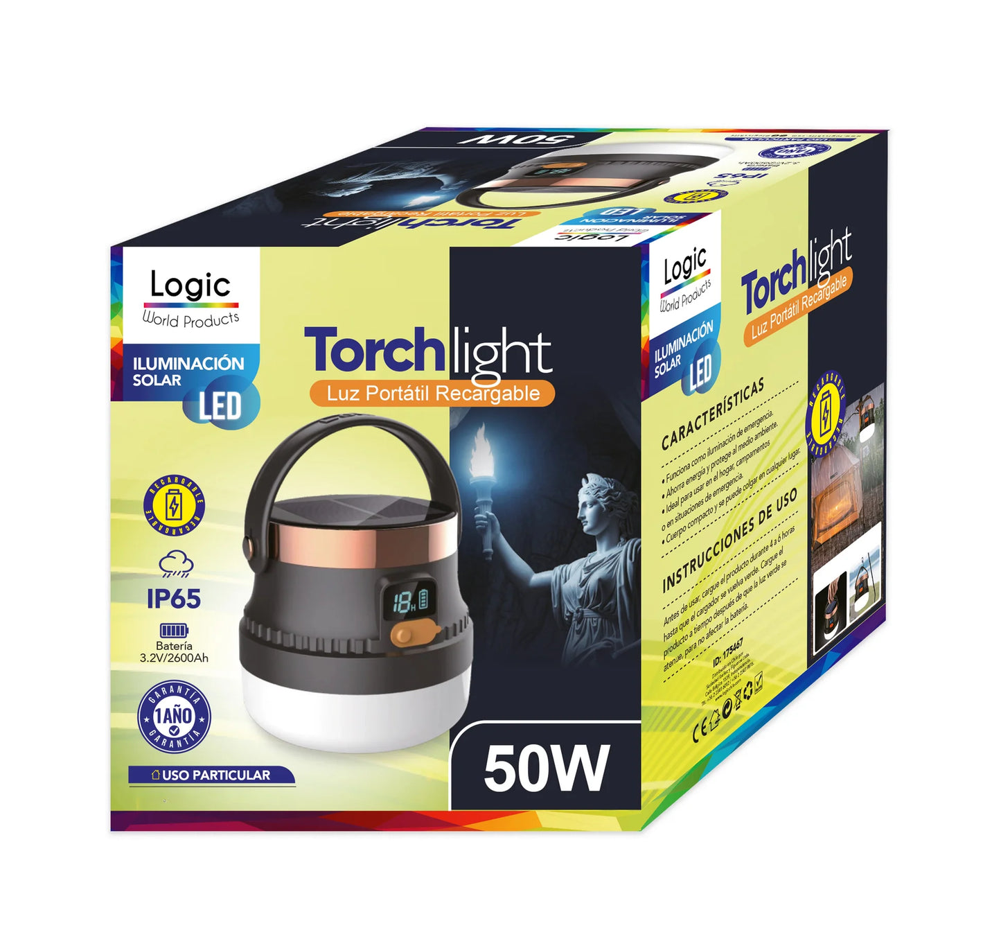 Torch Light Luz Portátil Recargable Solar Logic 50W LED IP65 con USB y Panel Solar