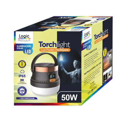 Torch Light Luz Portátil Recargable Solar Logic 50W LED IP65 con USB y Panel Solar