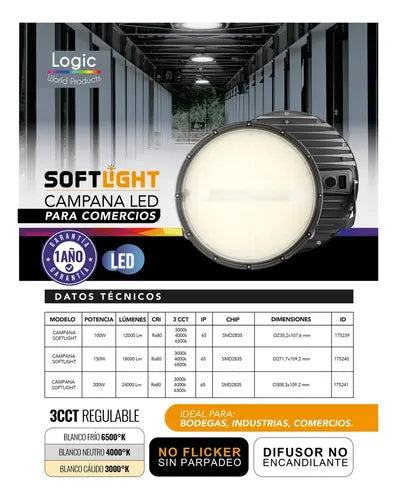 Campana LED SOFTLIGHT 200W 3CCT IP65 LOGIC