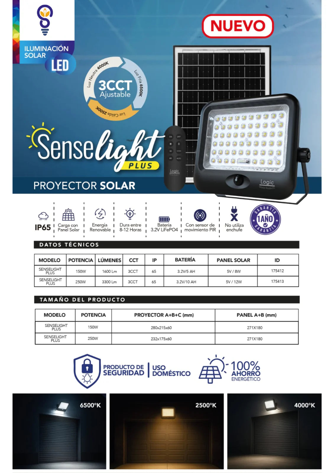Proyector LED Solar Sense Light Plus Logic 3CCT 150W / 250W con Sensor de Movimiento