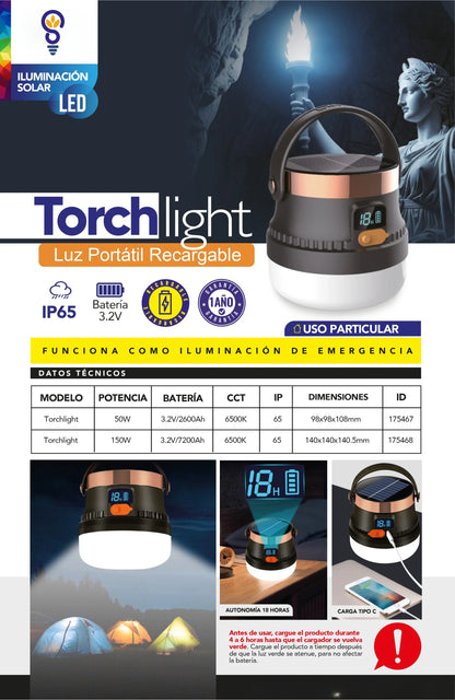 Torch Light Luz Portátil Recargable Solar Logic 50W LED IP65 con USB y Panel Solar