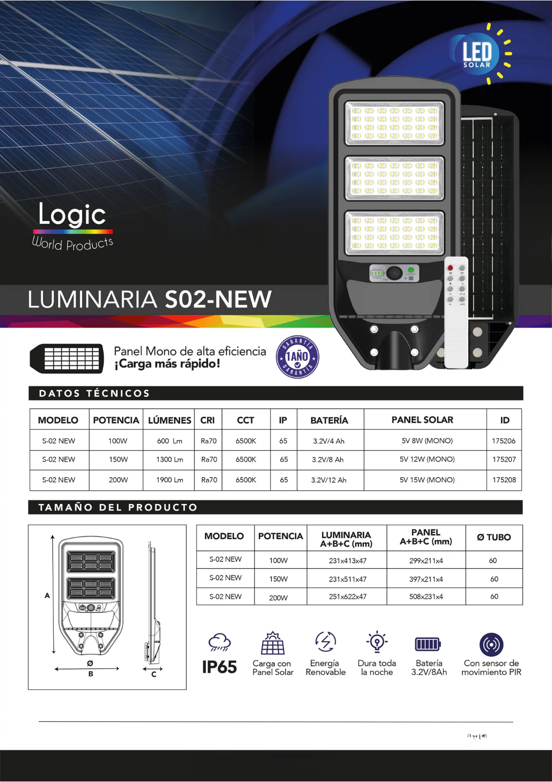 Kit Luminaria Solar Peatonal S02 New Logic IP65