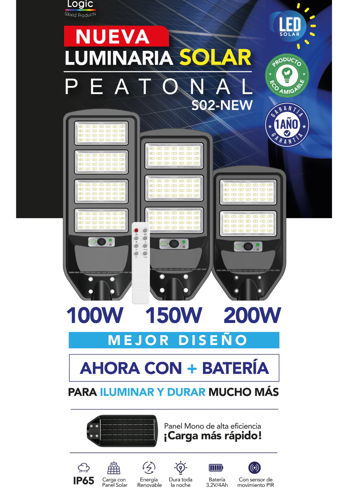 Kit Luminaria Solar Peatonal S02 New Logic IP65