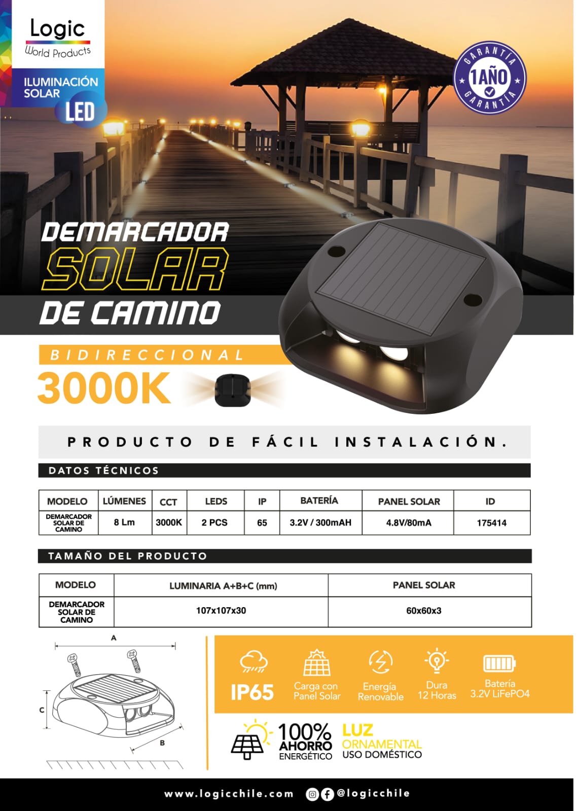Demarcador Solar de Camino 3000K Logic Luz Cálida LED para Exterior