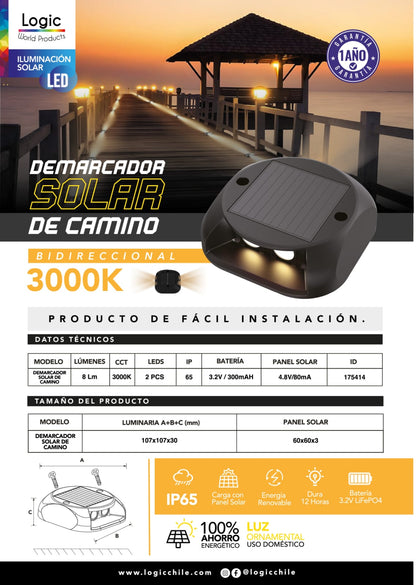 Demarcador Solar de Camino 3000K Logic Luz Cálida LED para Exterior