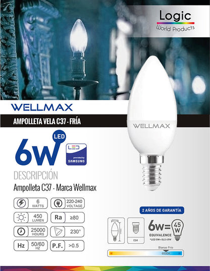 Ampolleta Vela WELLMAX 6W E-14 6500k