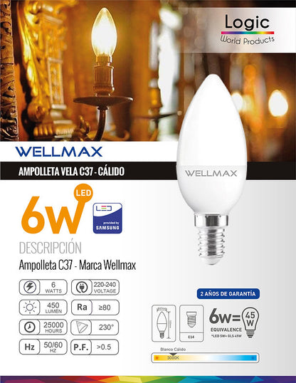 Ampolleta Vela WELLMAX 6W E-14 3000K