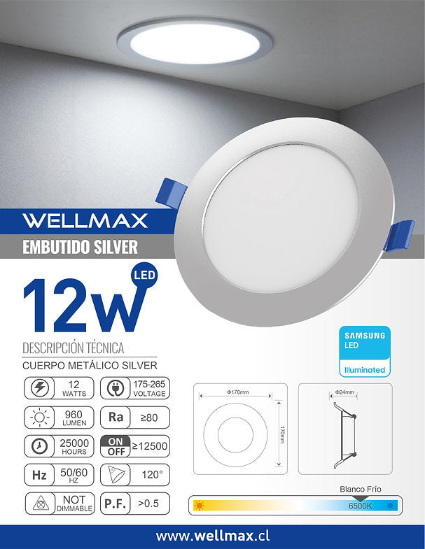 Panel Redondo Plateado Embutido 12W – 6500K
