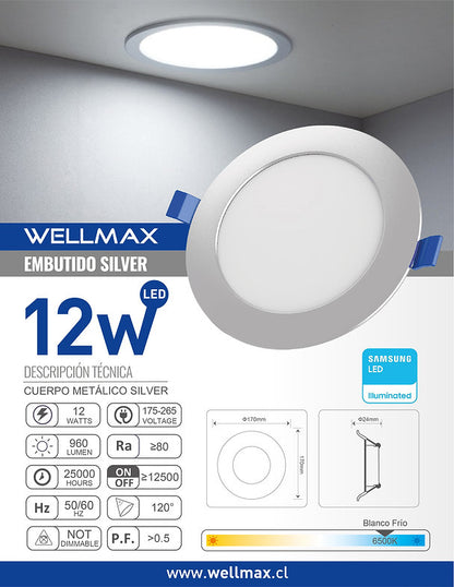 Panel Redondo Plateado Embutido 12W – 6500K