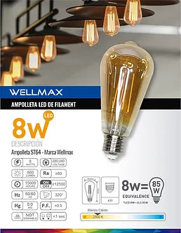 Ampolleta Filamento ST64 WELLMAX 8W E-27